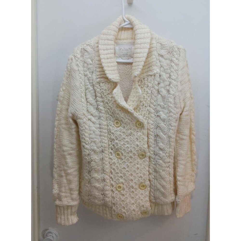 Old Navy Women's Sweater L 70% Acrylic, 30% Wool Cable Knit White Double Breast